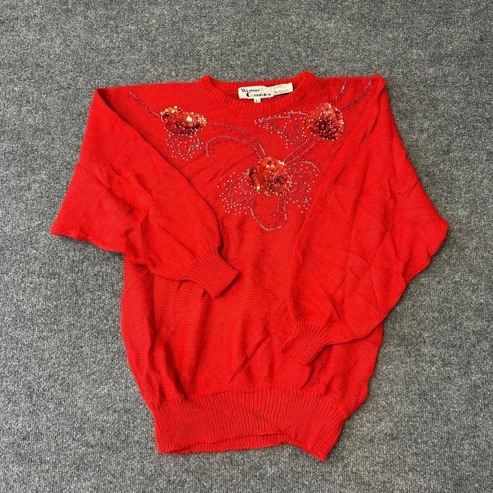 Western Connection Sweater Womens Size L Red Sequin Floral Knit Long Sleeve
